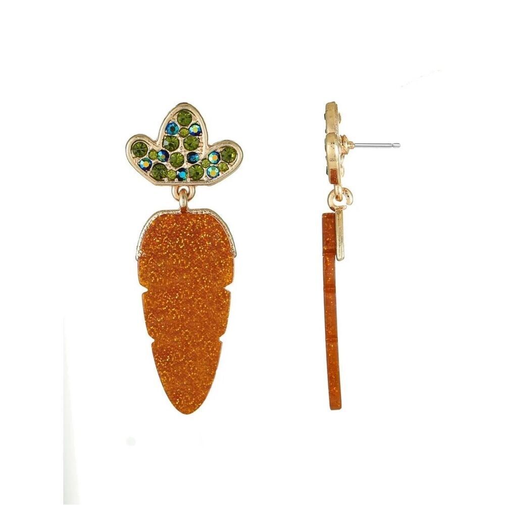 New Easter Gold-Tone Orange Carrot Drop Earrings with Green Crystal Tops